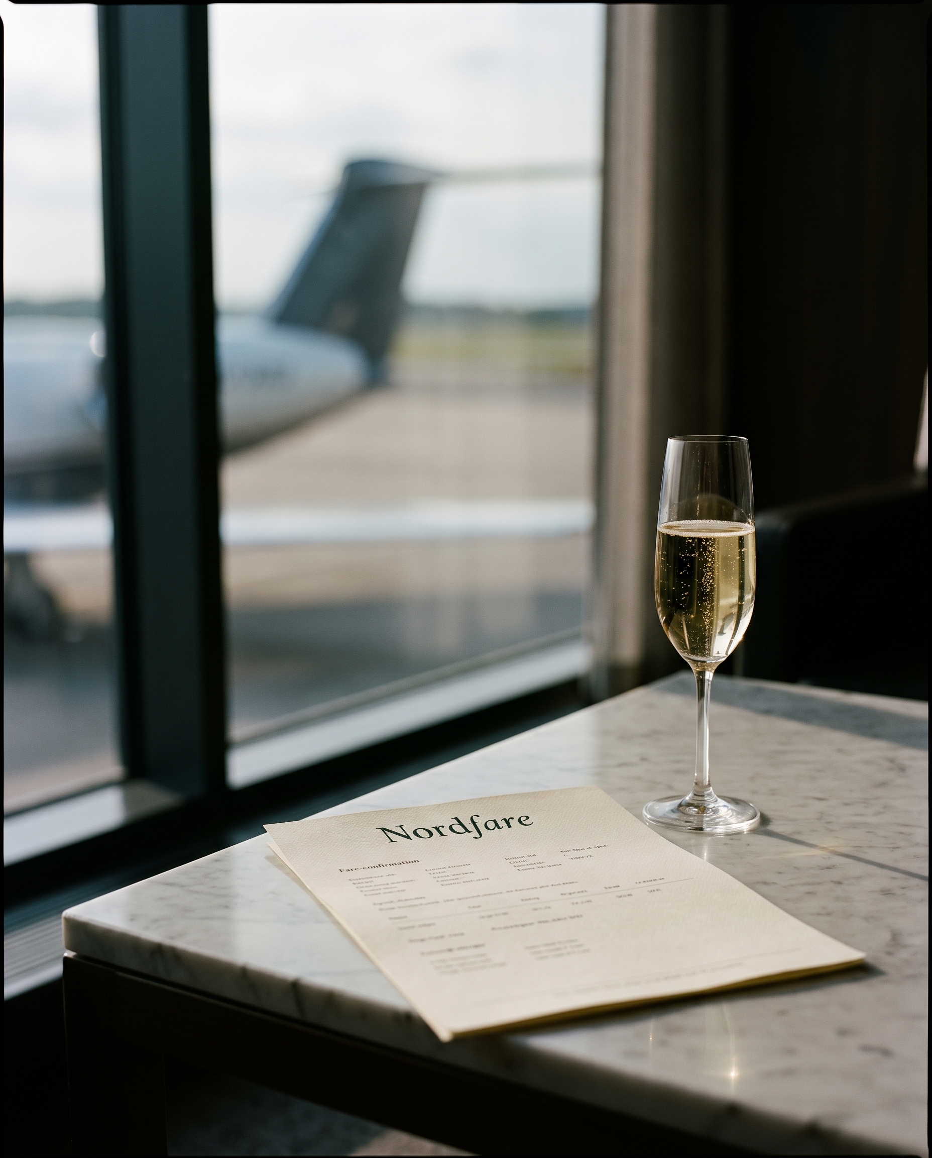 A written fare confirmation beside champagne in a private lounge
