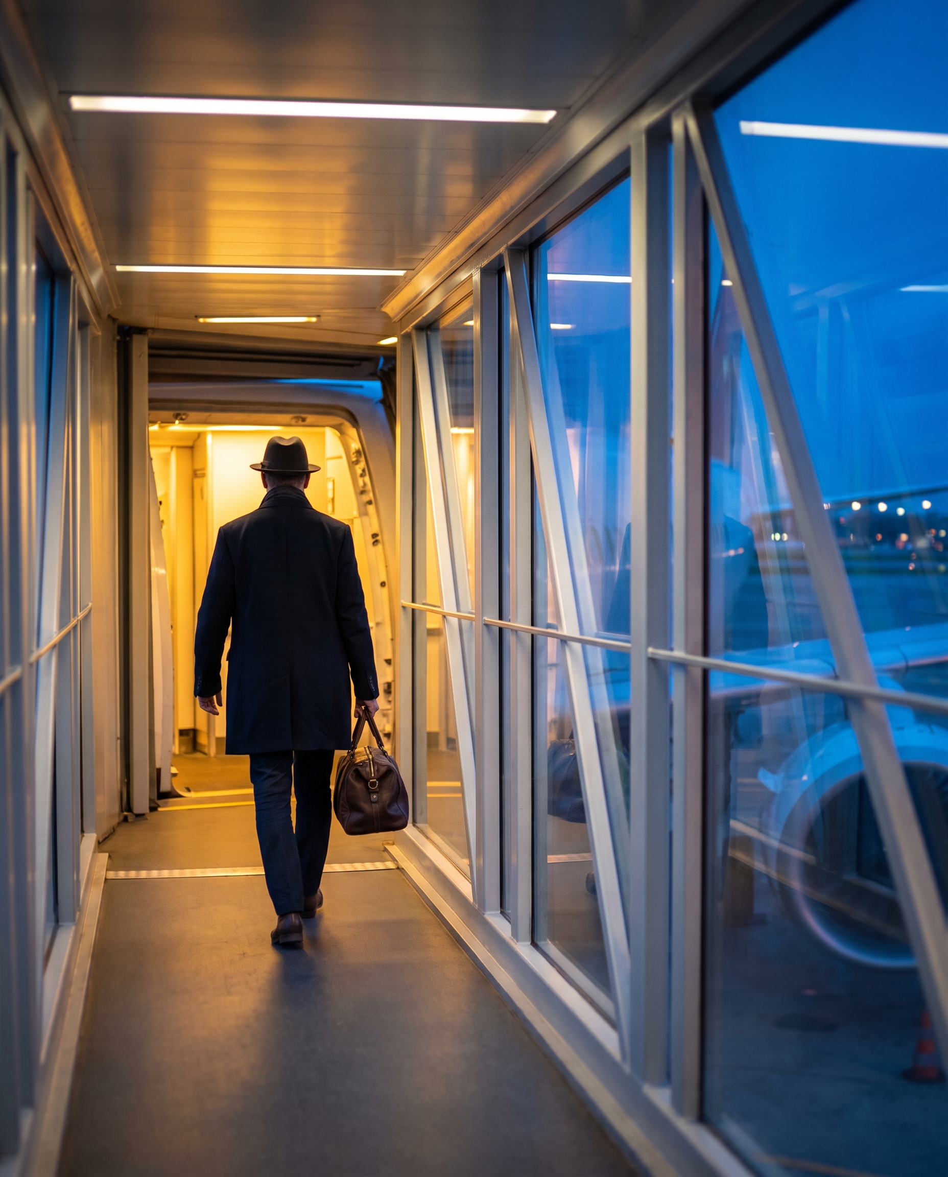 A traveler walking the jet bridge to the aircraft at dusk