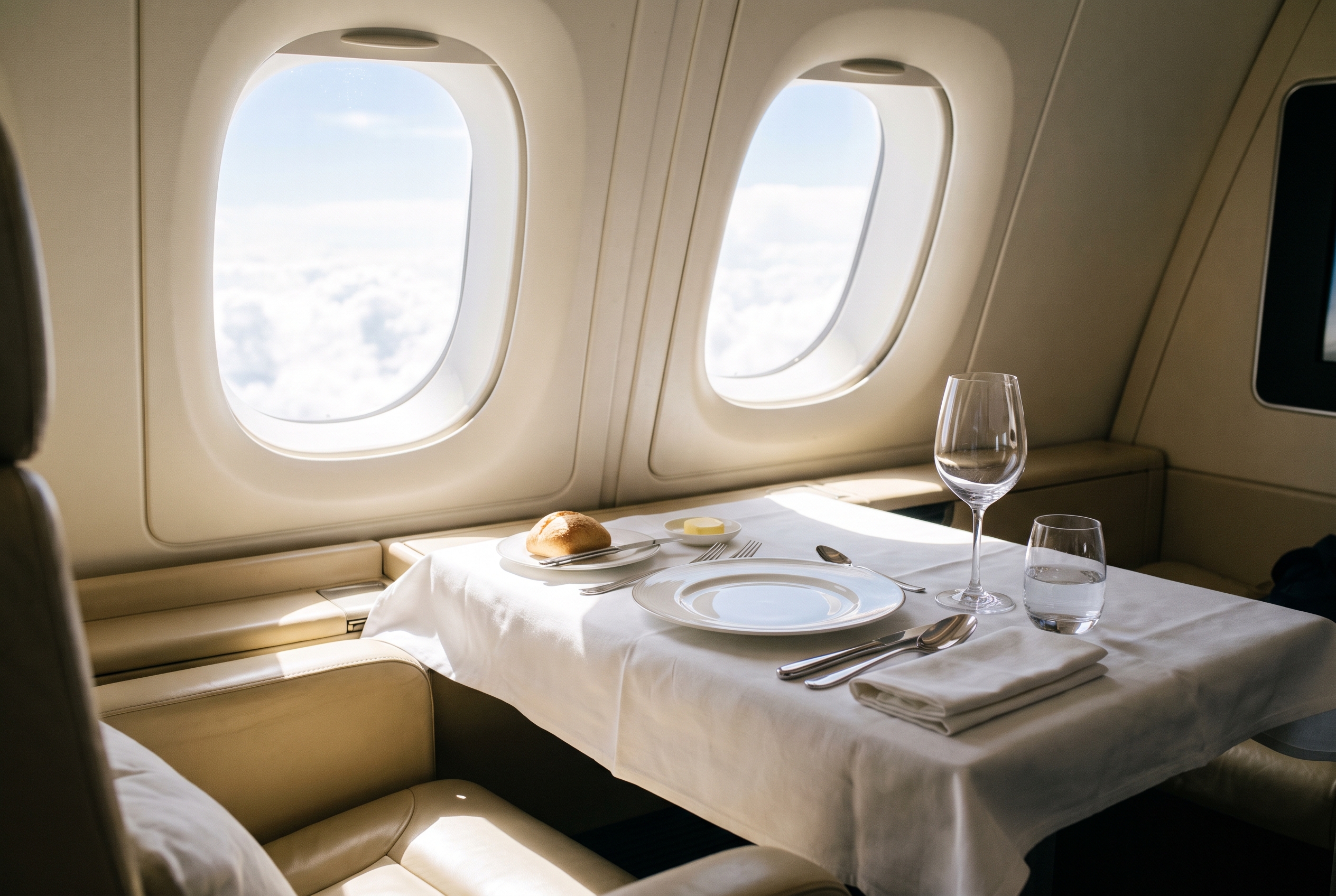 A fully laid first-class table, everything set, in bright morning light above the clouds