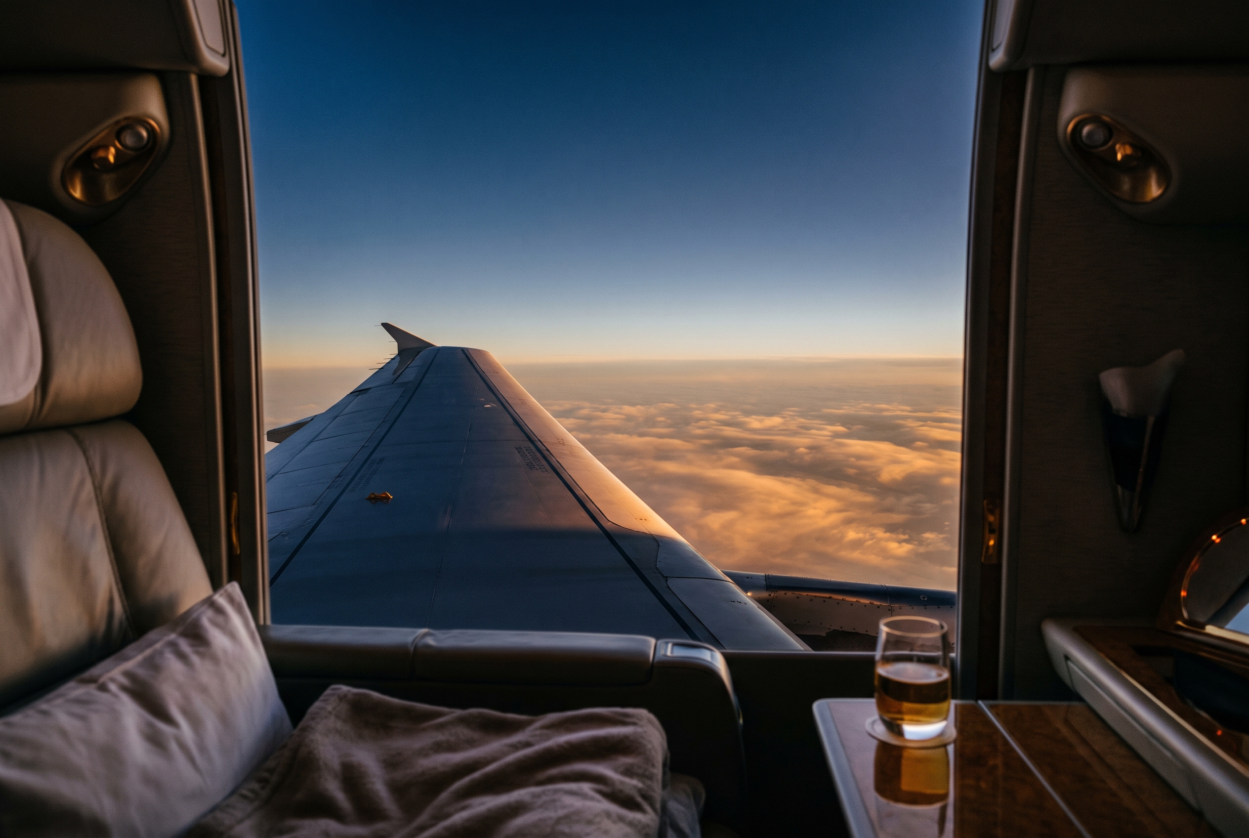 A wing over a golden cloud deck at sunset