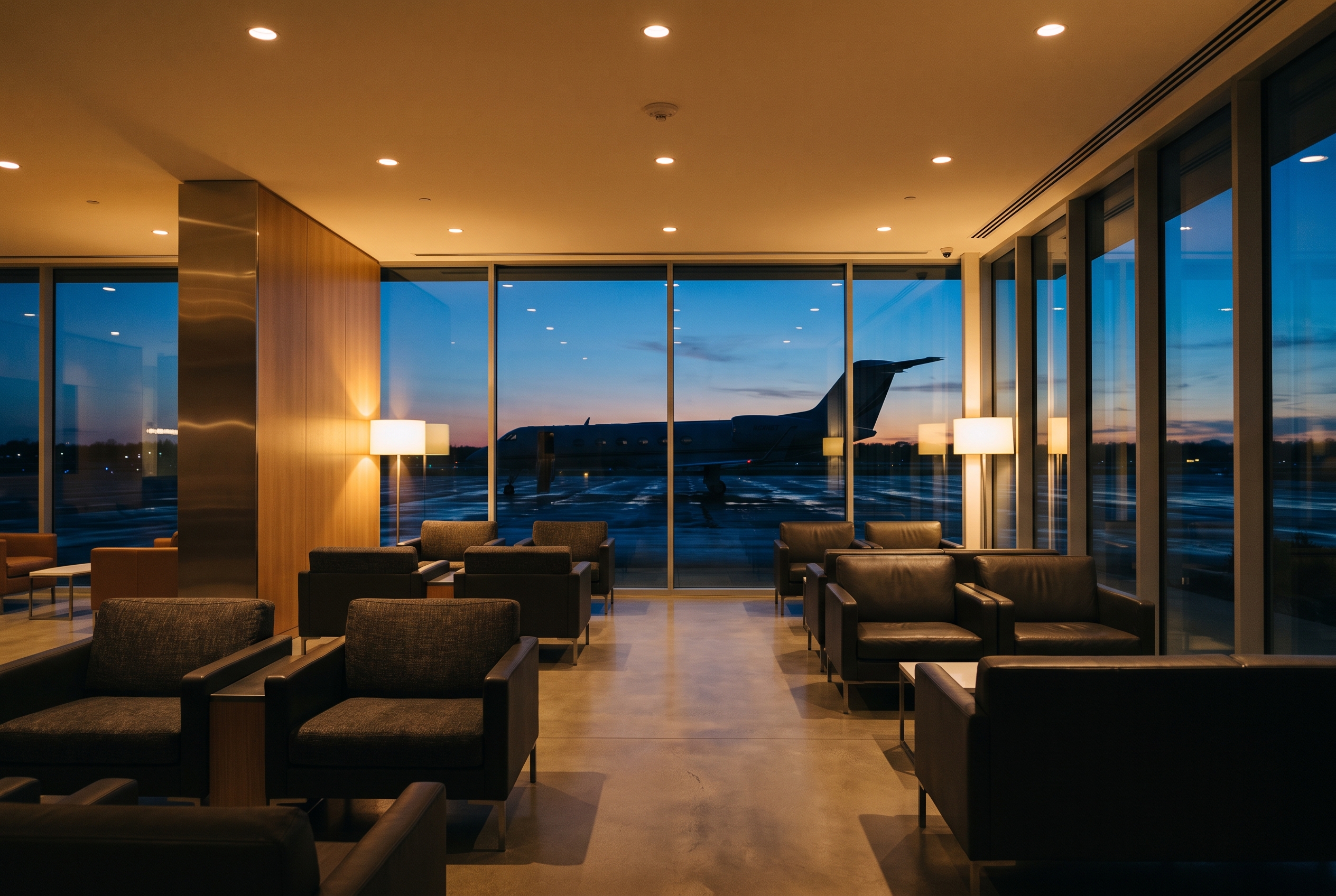 A quiet private terminal at dusk