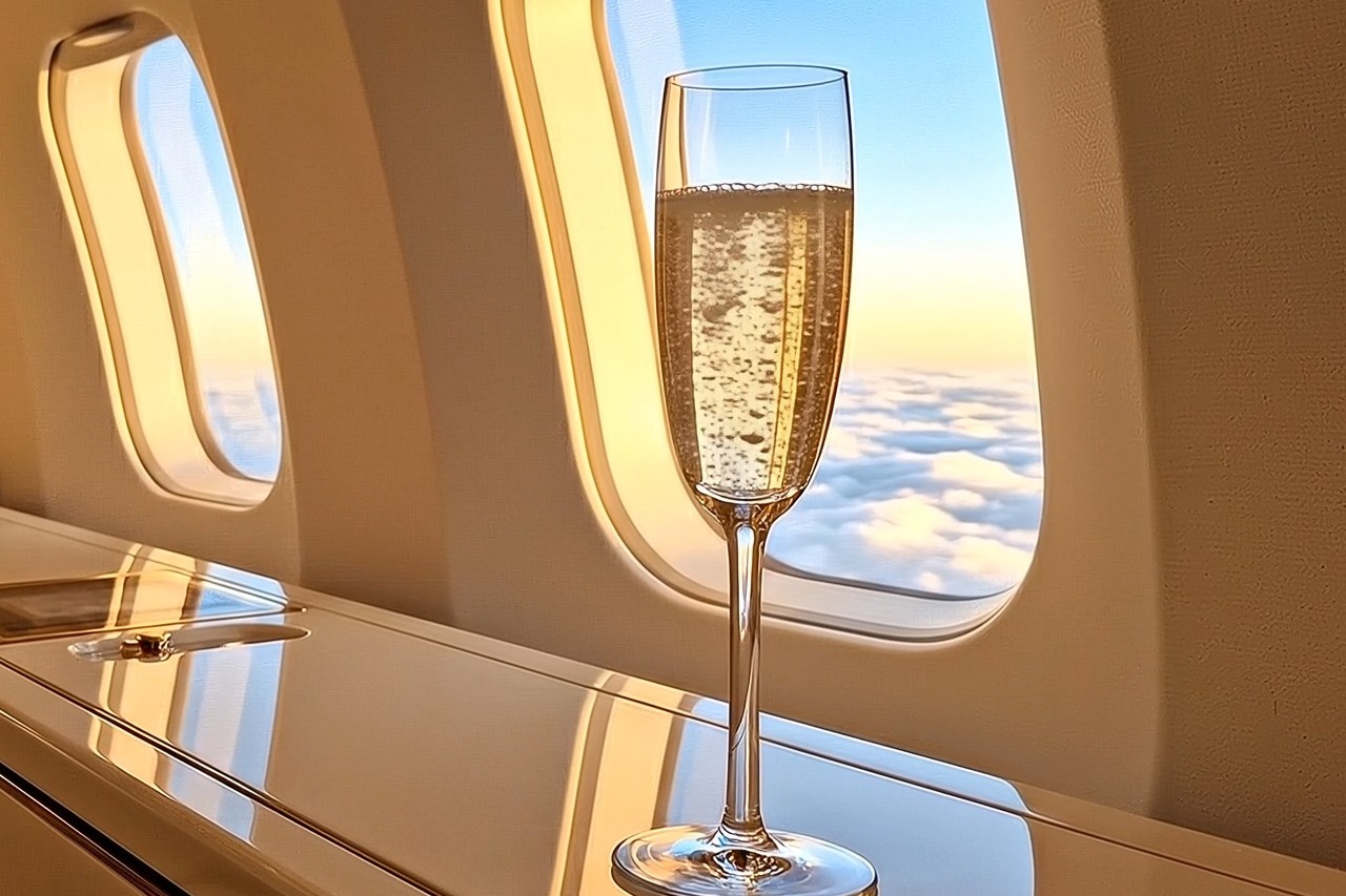 Champagne beside a first-class window over a morning cloud deck